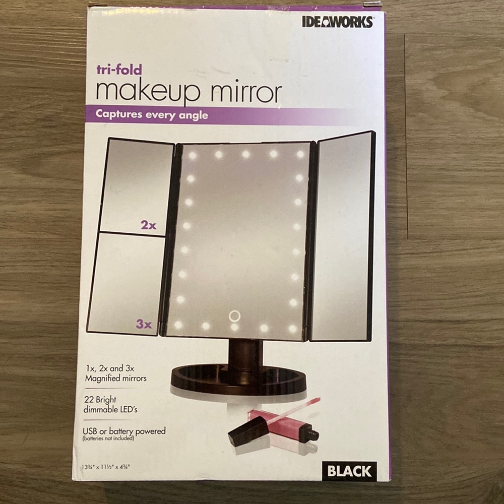 Tri-fold light up makeup mirror